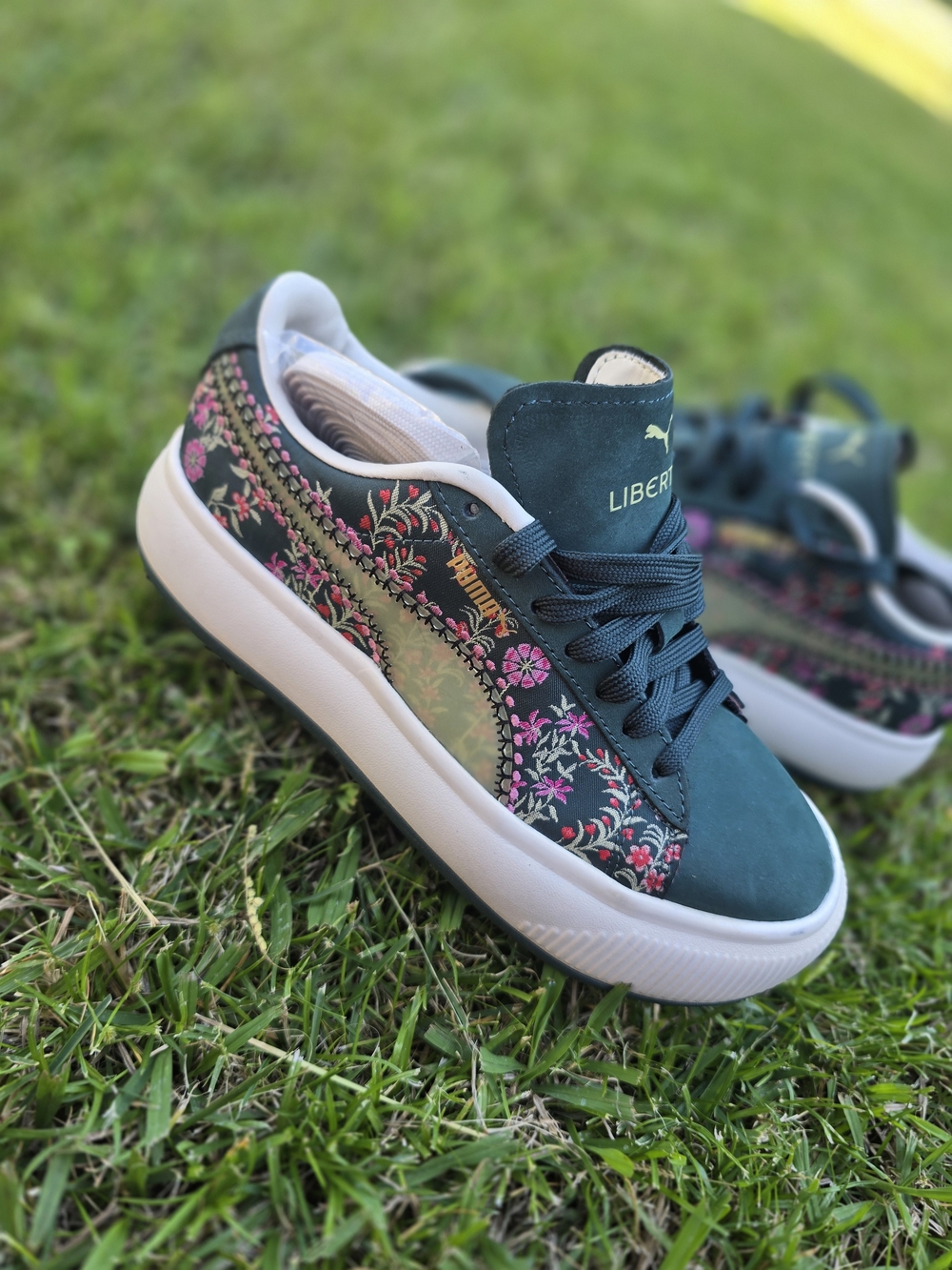 Puma Liberty Women’s Teal Suede Sneakers with Pink Floral Accents